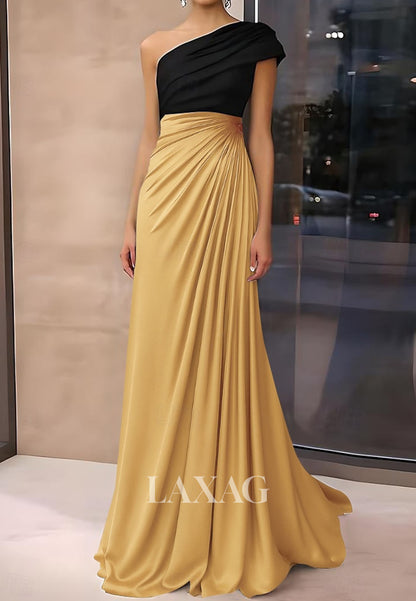 Asymmetrical-Neck Satin Pleated Formal Gowns Floor-Length Long A-Line Evening Dress