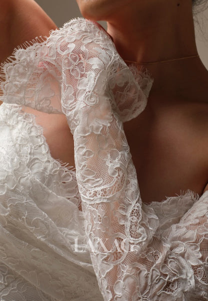 Sweetheart Long-Sleeves Allover Lace Applique Pleated A-Line Wedding Dress with Train