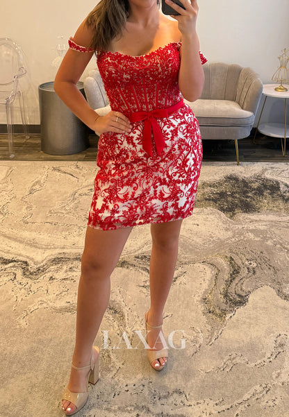 Scoop-Neck Off-Shoulder Sleeveless Beaded Lace Applique Short Mermaid Party Homecoming Dress