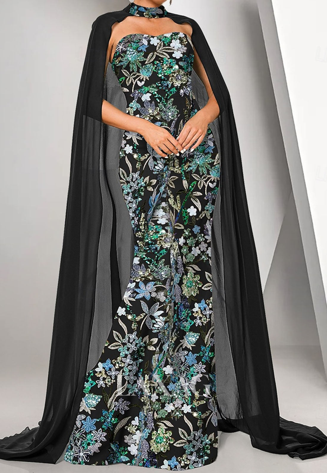Sweetheart Pleated Chiffon Formal Gowns Sequined Applique Mermaid Evening Dress with Overlay