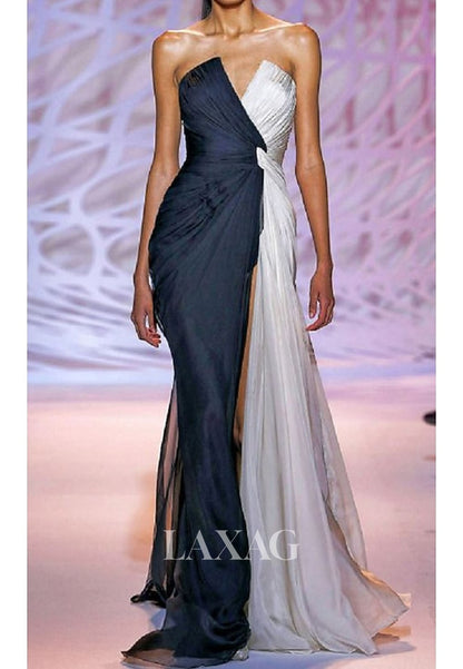 V-Neck Floor-Length Pleated Chiffon Mermaid Evening Dress Sleeveless Two Tone Formal Gowns