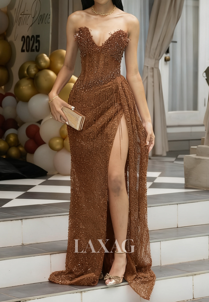 V-Neck Off-Shoulder Sleeveless Mermaid Prom Dress Fully Beaded Pleated High Slit Party Gowns