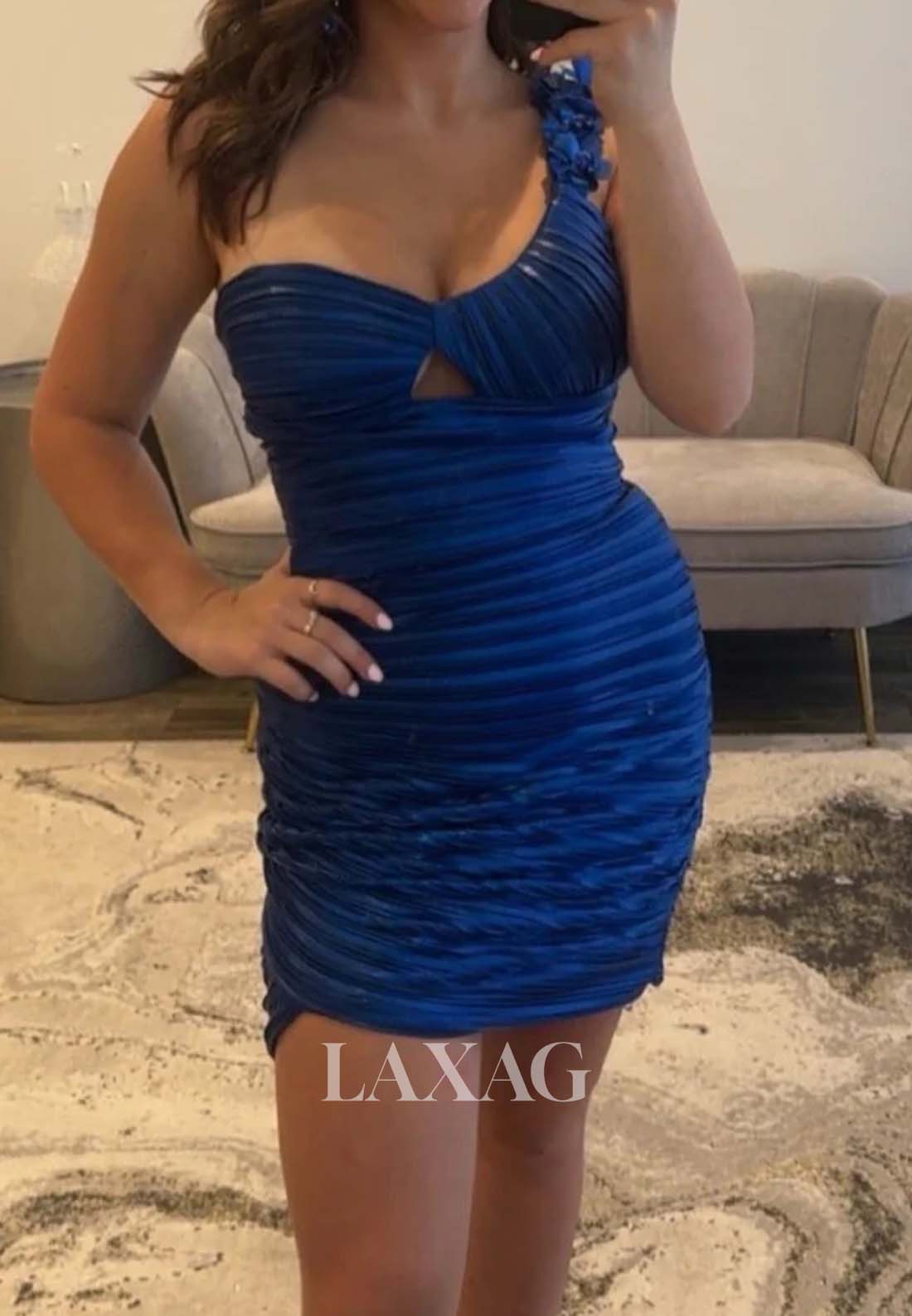 Asymmetrical-Neck One-Strap Sleeveless Pleated Satin Short A-Line Party Homecoming Dress