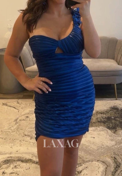 Asymmetrical-Neck One-Strap Sleeveless Pleated Satin Short A-Line Party Homecoming Dress