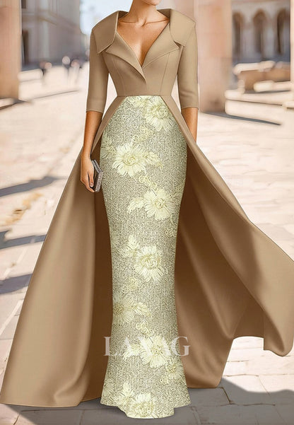 V-Neck Collared Half-Sleeves Jacquard Sequined Satin Mermaid Mother of the Bride Dress