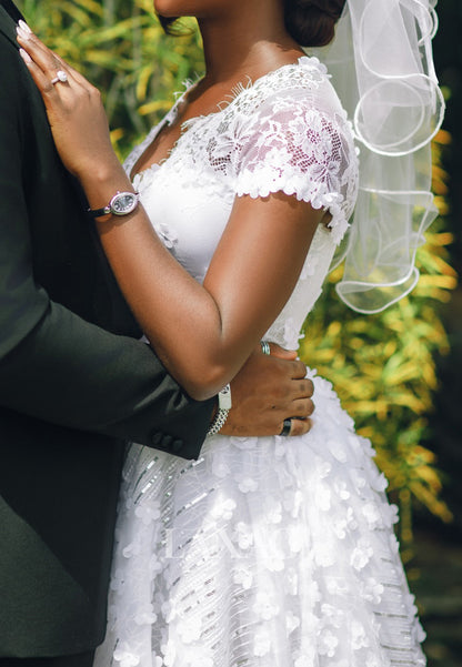 Sweetheart Cap-Sleeves Sequined 3D-Floral Lace Pleated Tea-Length A-Line Wedding Dress