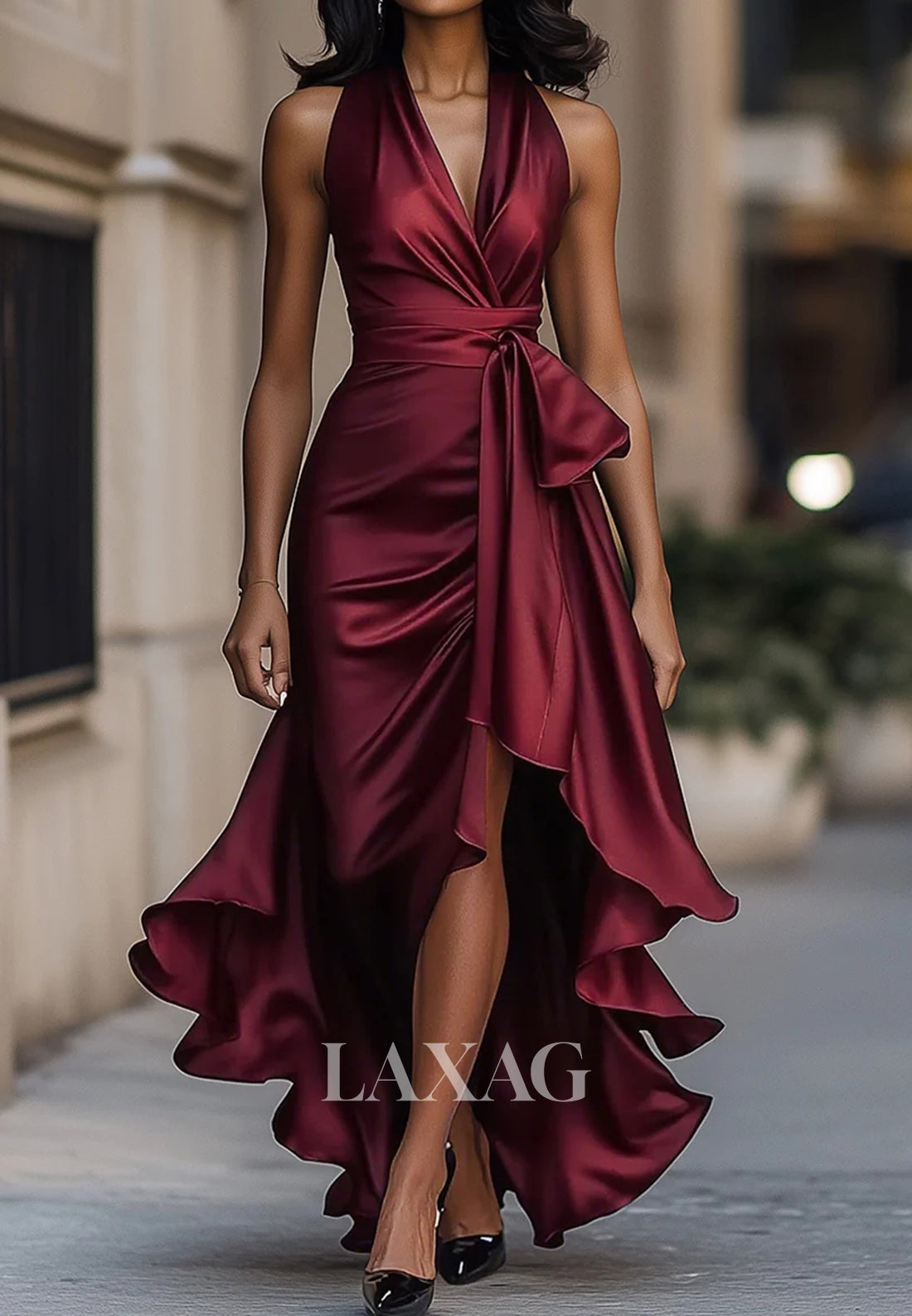 Halter V-Neck Sleeveless Mermaid Mother of Bride Dress Sleeveless High-Low Pleated Satin Formal Gowns