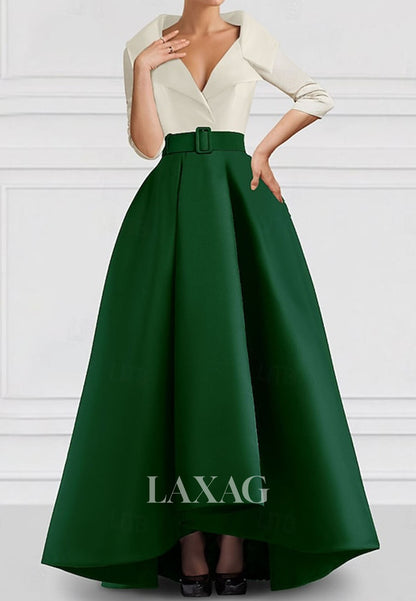 V-Neck Collared 3/4-Sleeves A-Line Evening Dress Two Tone Satin Floor-Length Formal Gowns