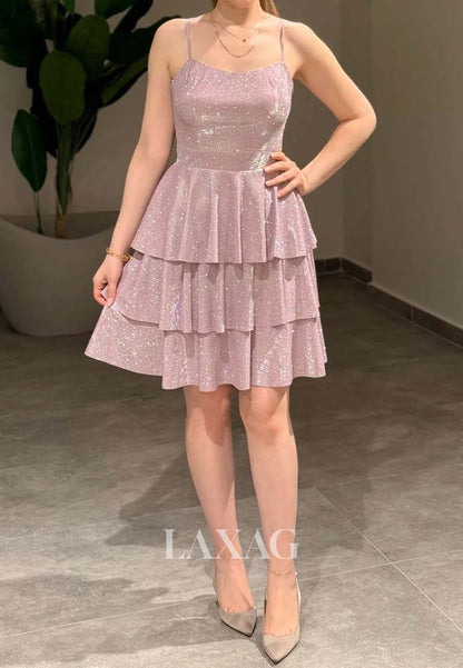 Scoop-Neck Spaghetti Straps Off-Shoulder Pleated Glitter-Knit Tiered A-Line Party Homecoming Dress