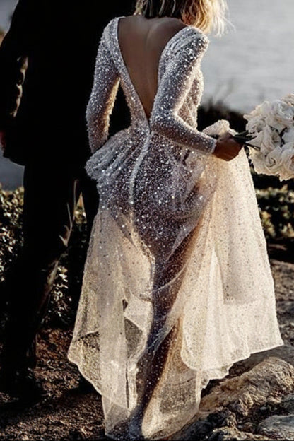 Deep V-Neck Long-Sleeves Fully Sequined Tulle Pleated Mermaid Wedding Dress with Train
