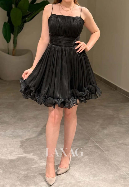 Spaghetti Straps Bateau-Neck Off-Shoulder Pleated Chiffon A-Line Homecoming Dress