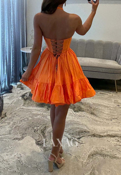 Halter-Neck Off-Shoulder Sleeveless Beaded Pleated Satin A-Line Party Homecoming Dress