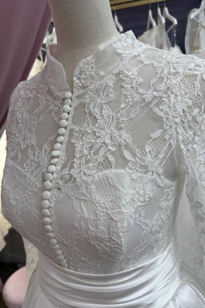 High-Neck Long-Sleeves Beaded Lace Applique Tulle&Satin Pleated A-Line Wedding Dress