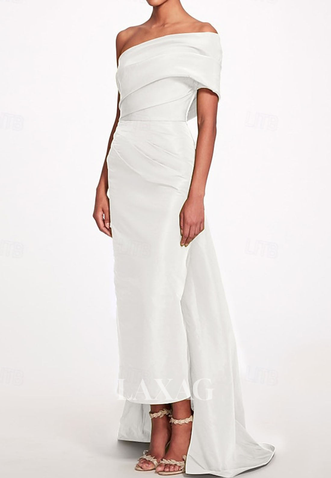 Asymmetrical-Neck Off-Shoulder Sleeveless Pleated Satin Ankle-Length Mermaid Formal Evening Dress