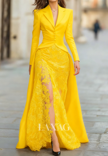 Deep V-Neck Long-Sleeves Satin&Lace Floor-Length Mermaid Evening Dress with Train