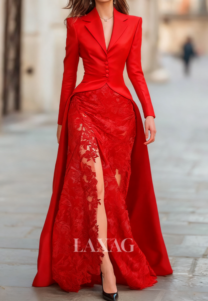 Deep V-Neck Long-Sleeves Satin&Lace Floor-Length Mermaid Evening Dress with Train
