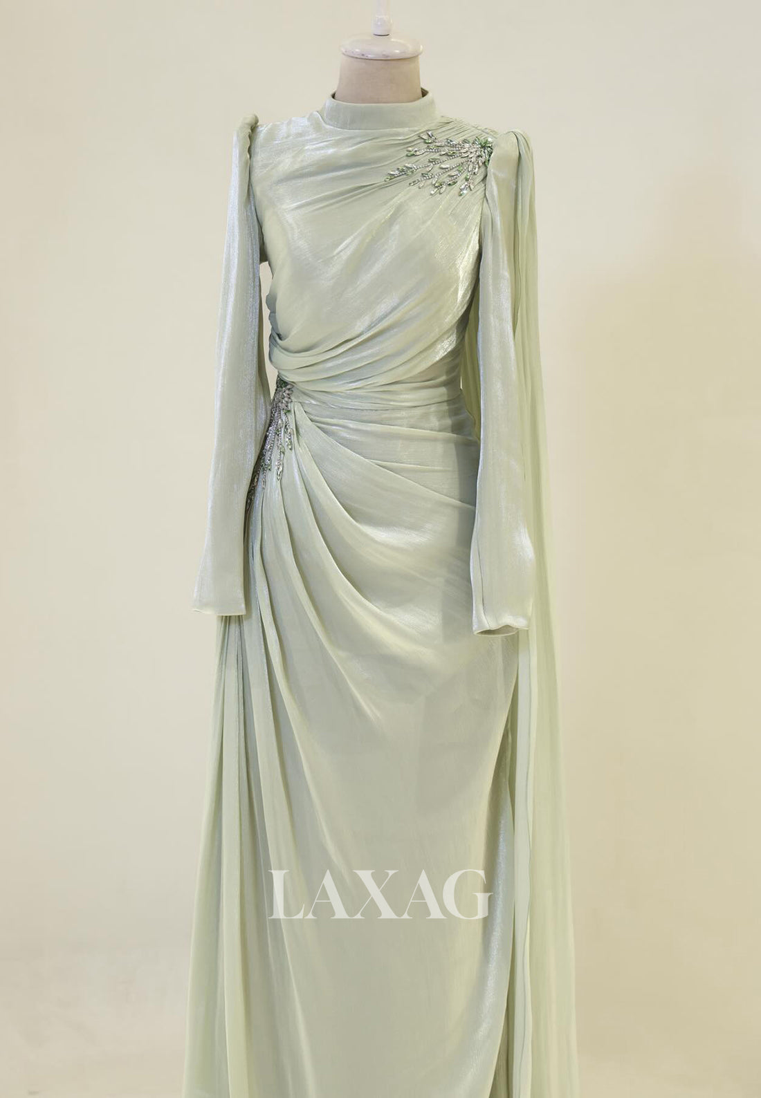 High-Neck Long-Sleeves Rhinestone Beaded Chiffon Pleated Floor-Length Fitted Evening Dress