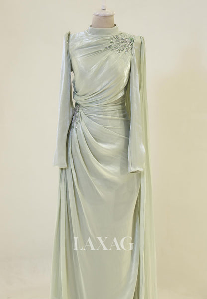 High-Neck Long-Sleeves Rhinestone Beaded Chiffon Pleated Floor-Length Fitted Evening Dress