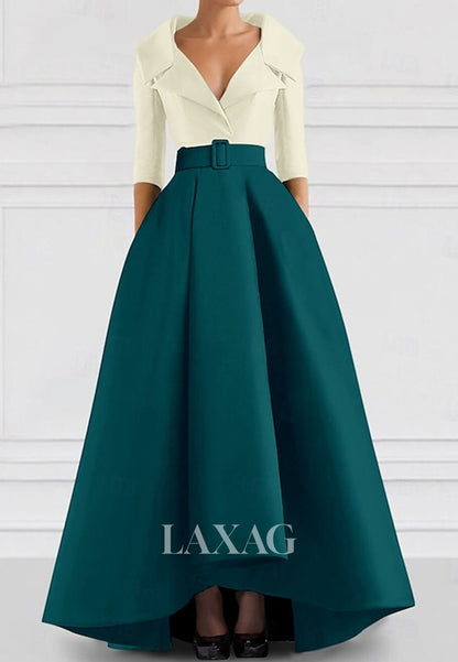 V-Neck Collared 3/4-Sleeves A-Line Evening Dress Two Tone Satin Floor-Length Formal Gowns