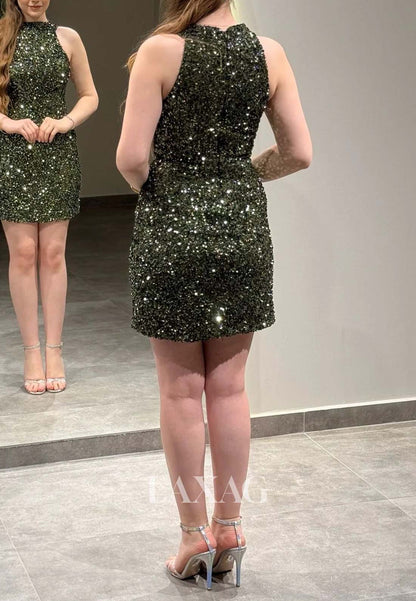 Halter-Neck Off-Shoulder Sleeveless Fully Sequined Short Mermaid Party Homecoming Dress
