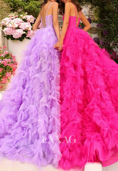 V-Neck Spaghetti Straps Tiered A-Line Prom Dress Sleeveless Beaded Pleated Tulle Party Gowns