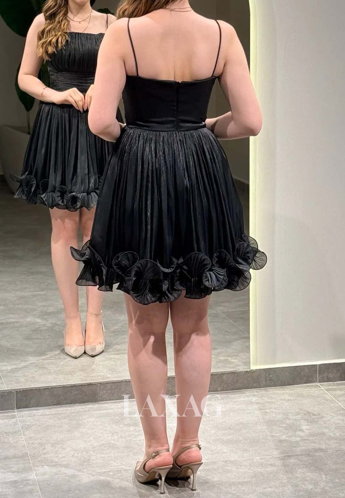 Spaghetti Straps Bateau-Neck Off-Shoulder Pleated Chiffon A-Line Homecoming Dress