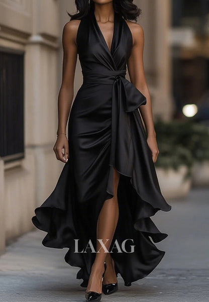 Halter V-Neck Sleeveless Mermaid Mother of Bride Dress Sleeveless High-Low Pleated Satin Formal Gowns