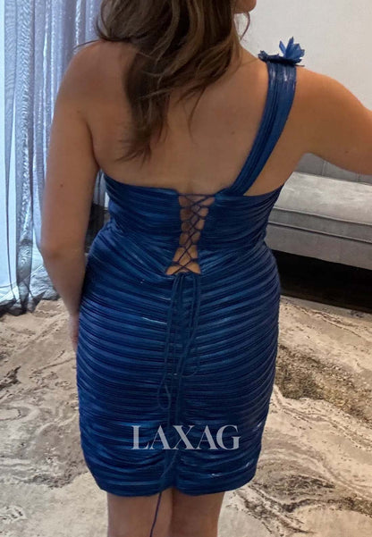 Asymmetrical-Neck One-Strap Sleeveless Pleated Satin Short A-Line Party Homecoming Dress