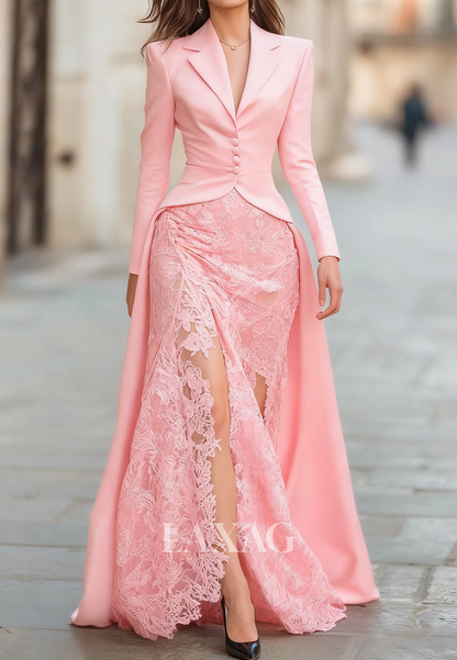 Deep V-Neck Long-Sleeves Satin&Lace Floor-Length Mermaid Evening Dress with Train