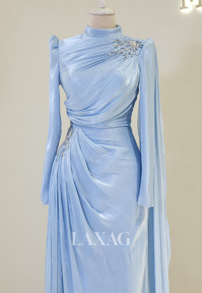 High-Neck Long-Sleeves Rhinestone Beaded Chiffon Pleated Floor-Length Fitted Evening Dress