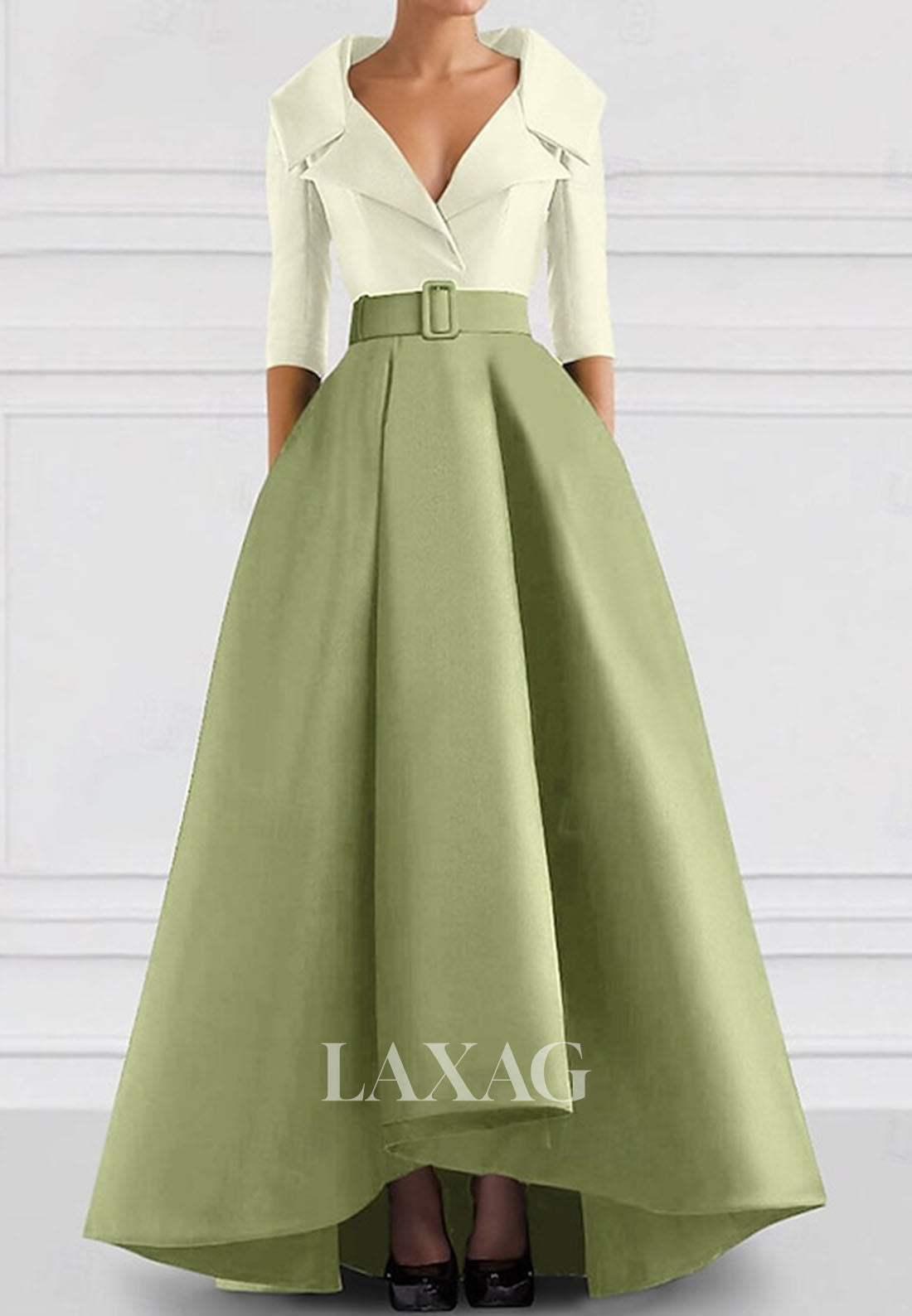 V-Neck Collared 3/4-Sleeves A-Line Evening Dress Two Tone Satin Floor-Length Formal Gowns