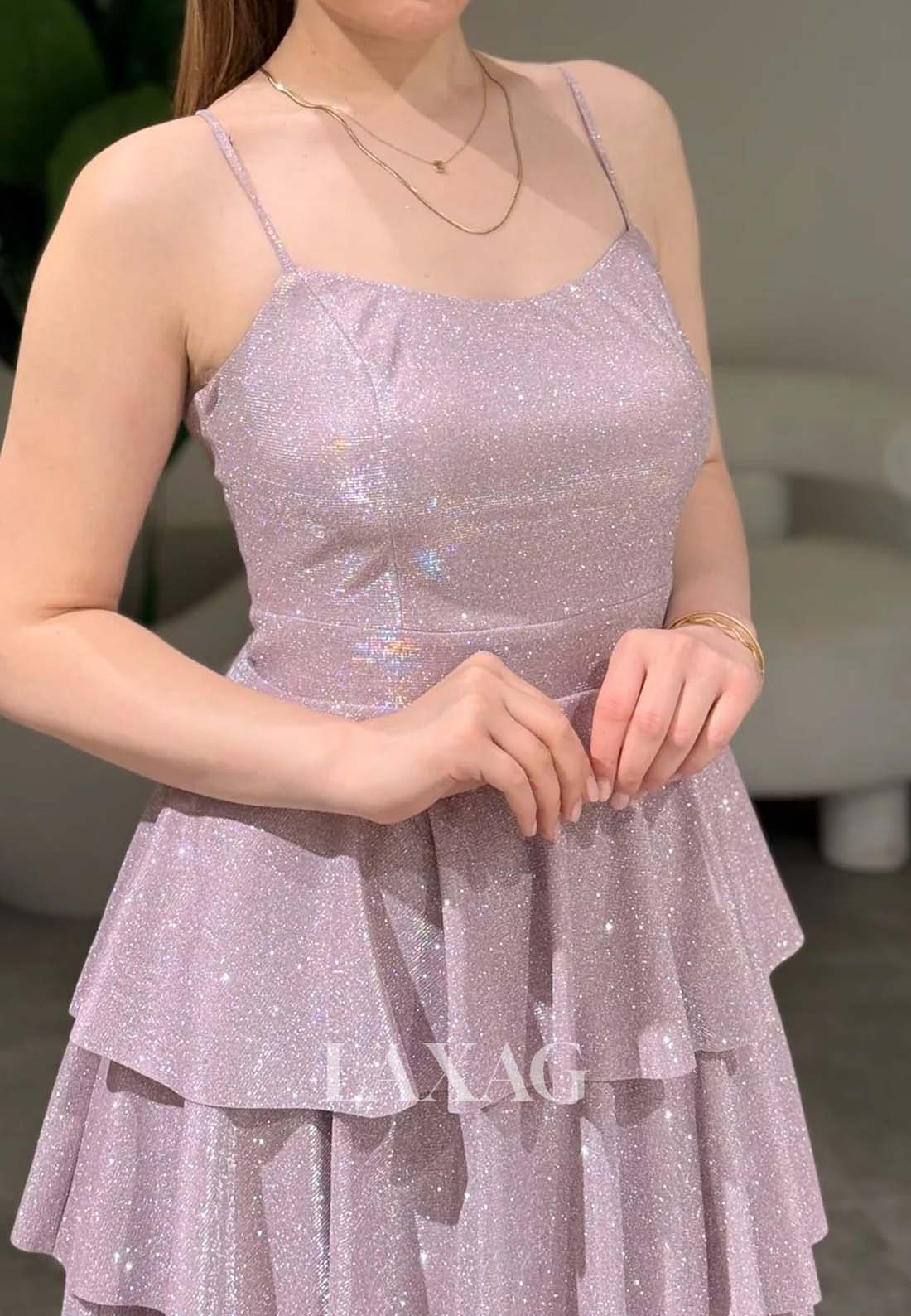 Scoop-Neck Spaghetti Straps Off-Shoulder Pleated Glitter-Knit Tiered A-Line Party Homecoming Dress