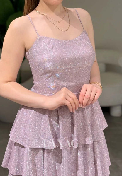 Scoop-Neck Spaghetti Straps Off-Shoulder Pleated Glitter-Knit Tiered A-Line Party Homecoming Dress