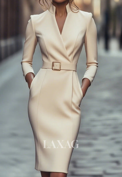 V-Neck Long-Sleeves Mermaid Mother of the Bride Dress Simple Knee-Length Satin Formal Gowns