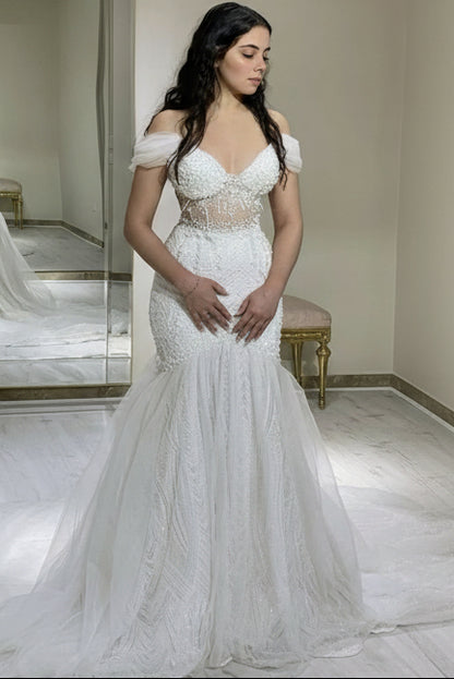 V-Neck Sleeveless Fully Sequined Beaded Tulle Pleated Trumpet Mermaid Wedding Dress