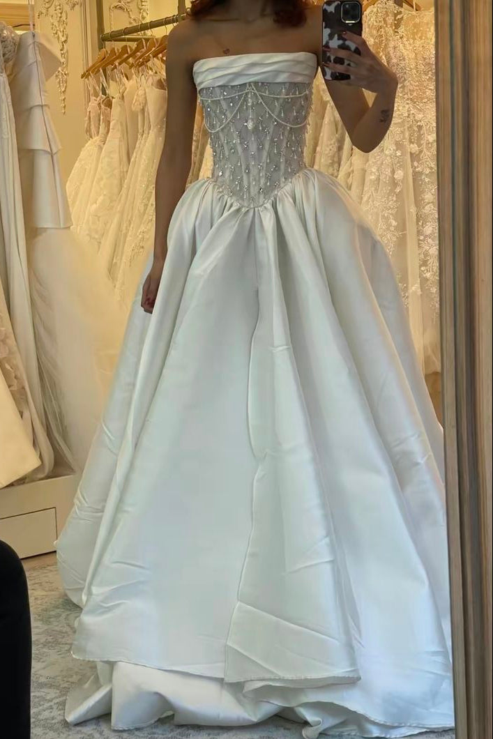 Tube Top Sleeveless Rhinestone Beaded Satin Pleated A-Line Wedding Dress with Train