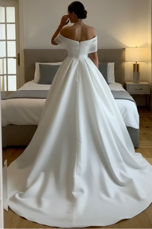 Bateau-Neck Off-Shoulder Sleeveless Satin&Tulle Pleated Floor-Length A-Line Wedding Dress