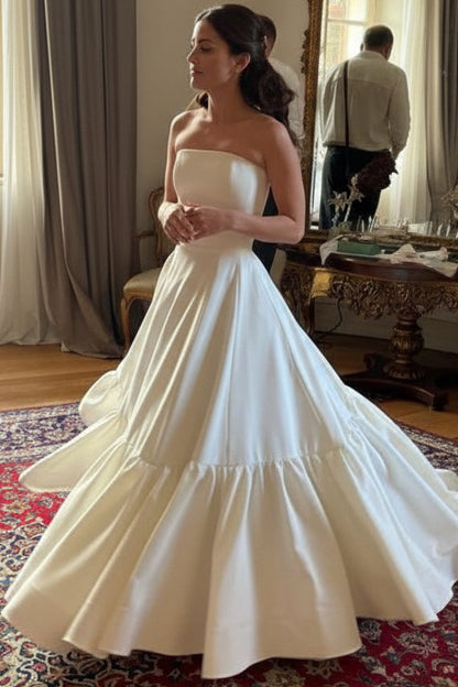 Tube Top Off-Shoulder Floor-Length Satin Pleated A-Line Wedding Dress with Sweep Train