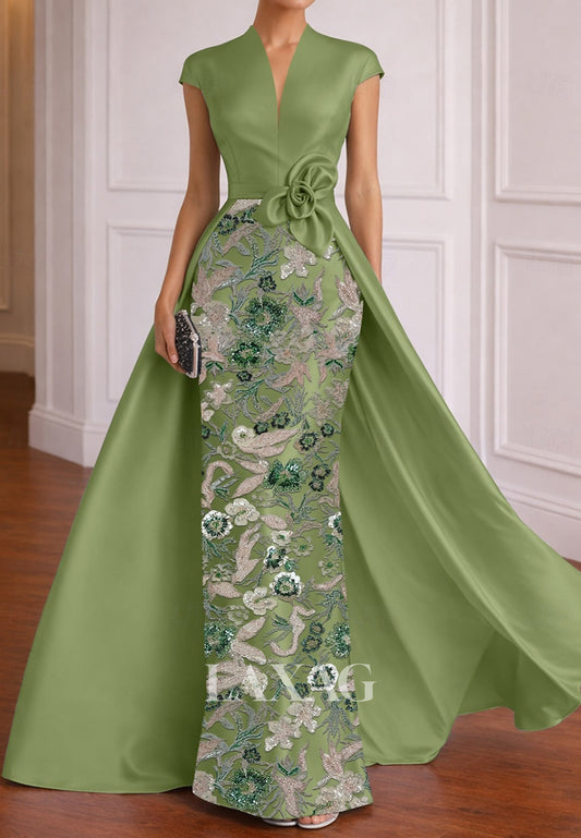 V-Neck Cap-Sleeves Sequined 3D-Floral Satin Floor-Length Mermaid Mother of the Bride Dress