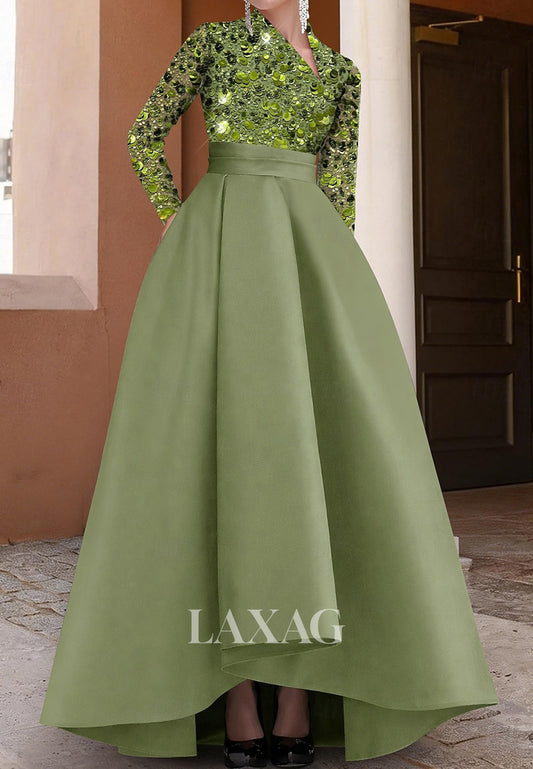 Asymmetrical V-Neck Long-Sleeves Sequined Satin Pleated A-Line Mother of the Bride Dress