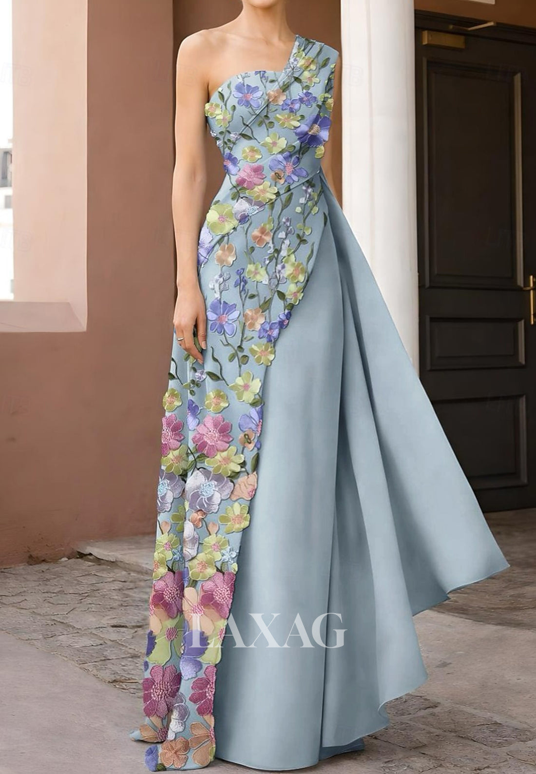 Asymmetrical-Neck Sleeveless 3D-Floral Jacquard Satin Pleated Floor-Length Fitted Evening Dress