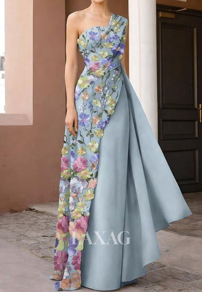 Asymmetrical-Neck Sleeveless 3D-Floral Jacquard Satin Pleated Floor-Length Fitted Evening Dress