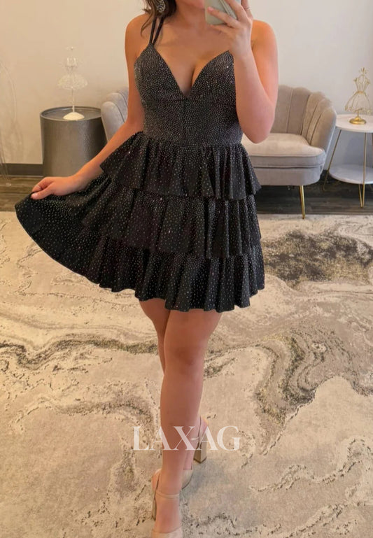 V-Neck Spaghetti Straps Fully Beaded Pleated Satin Tiered A-Line Party Homecoming Dress