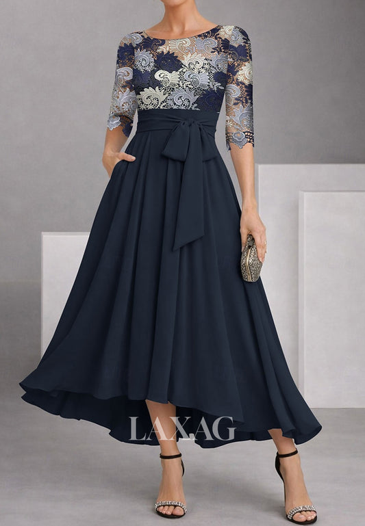 Scoop-Neck Half-Sleeves Multi-Color Lace&Chiffon Pleated A-Line Mother of the Bride Dress