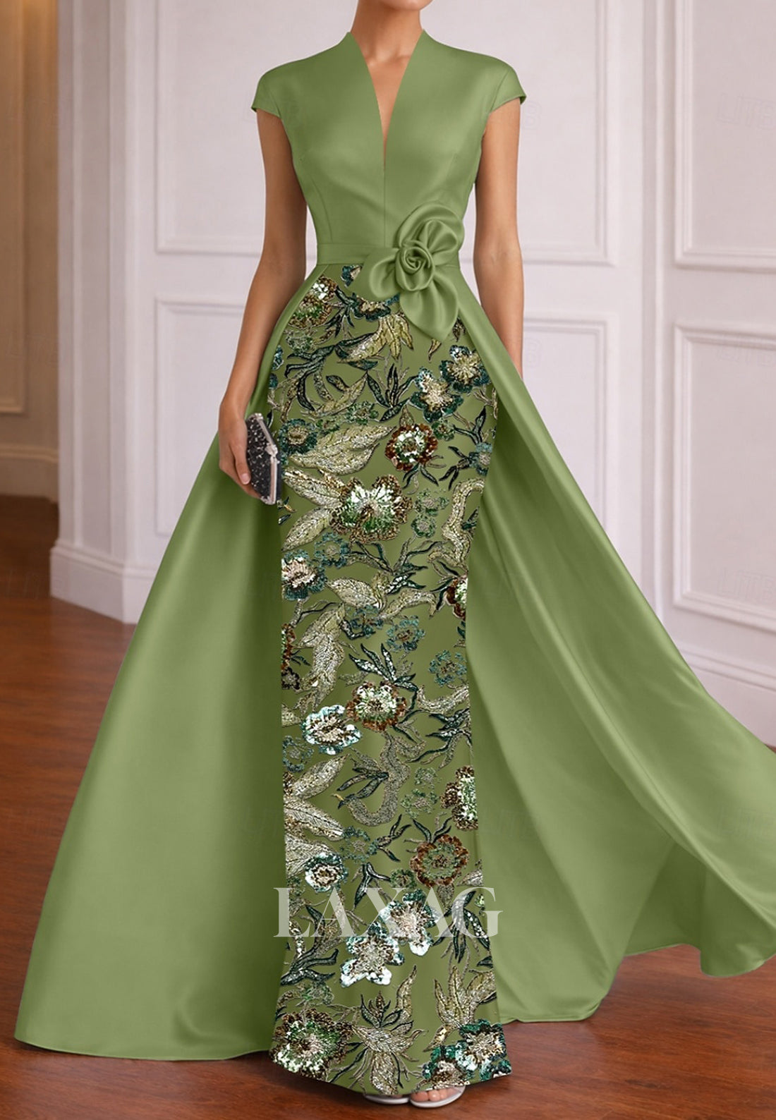Floor-Length V-Neck Cap-Sleeves Sequined 3D-Floral Satin Mermaid Mother of the Bride Dress