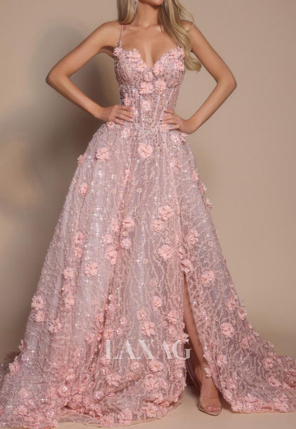 Spaghetti Straps Sweetheart Tulle Party Gowns Sequined Floral Embellished A-Line Prom Dress