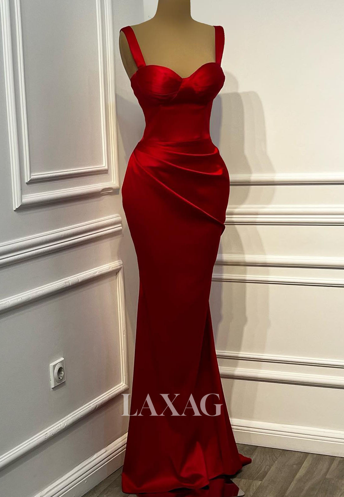 Sweetheart Straps Sleeveless Formal Gowns Floor-Length Pleated Satin Mermaid Evening Dress