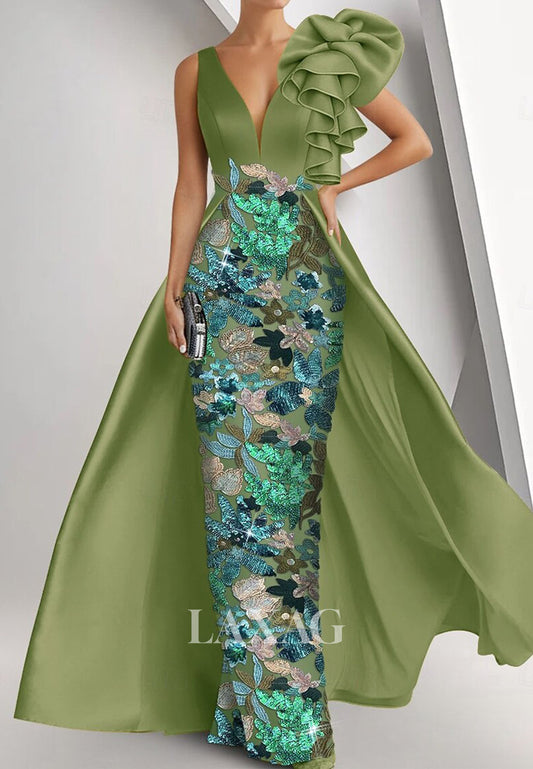 Deep V-Neck Straps Ruffled Satin Mermaid Evening Dress Floor-Length Sequined Applique Formal Gowns
