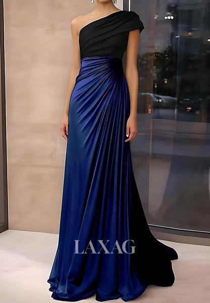 Asymmetrical-Neck Satin Pleated Formal Gowns Floor-Length Long A-Line Evening Dress
