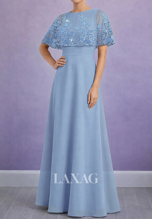 Scoop-Neck Chiffon A-Line Mother of the Bride Dress with Beaded Applique Tulle Overlay